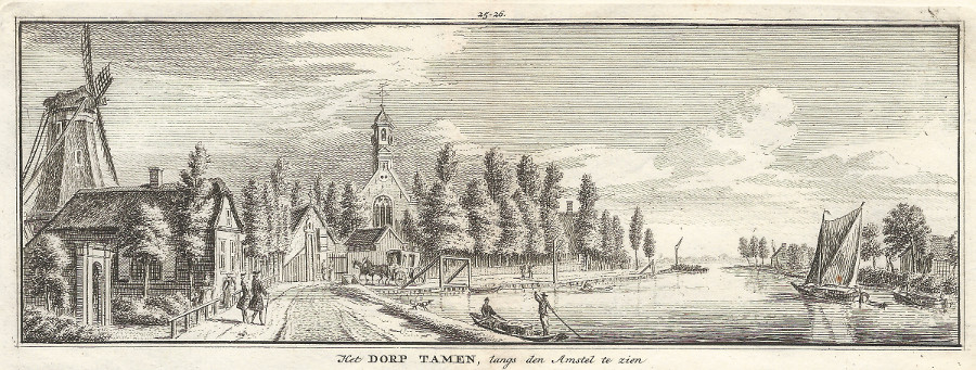 afbeelding van prent Het Dorp tamen, langs den Amstel te zien van H. Spilman, J. de Beijer (Uithoorn, Thamen)