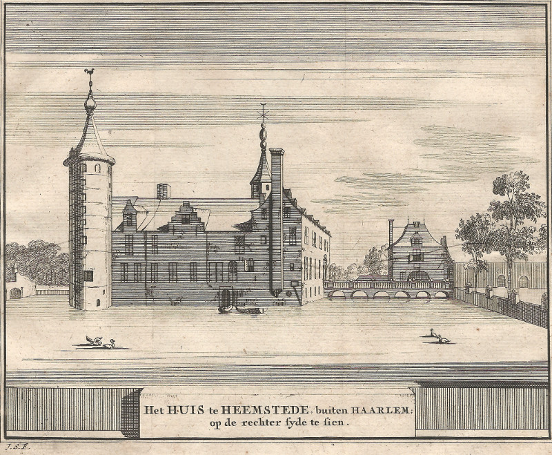 afbeelding van prent Het Huis te Heemstede, buiten Haarlem, op de rechter syde te sien van J. Schijnvoet, naar R. Roghman (Heemstede)