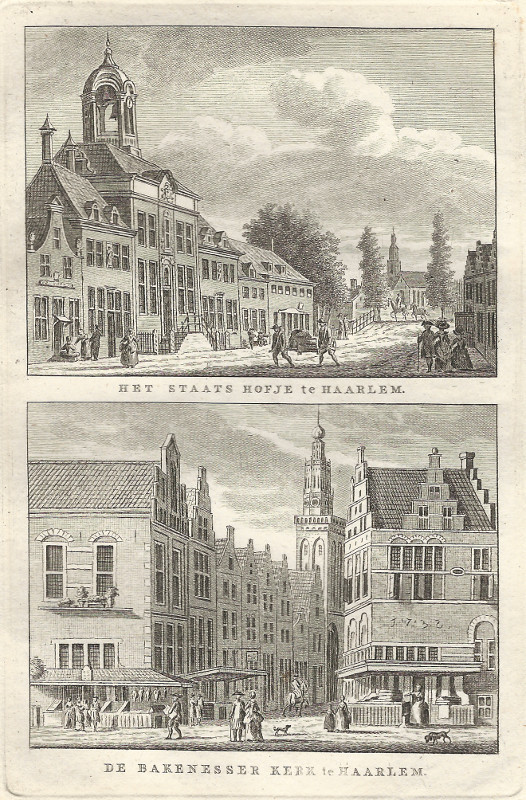 afbeelding van prent Het Staats hofje te Haarlem; De Bakenesser Kerk te Haarlem van C.F. Bendorp, J. Bulthuis (Haarlem)