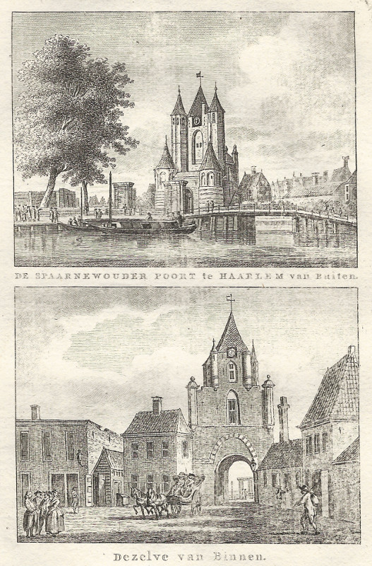 afbeelding van prent De Spaarnewouder poort te Haarlem van buiten; Dezelve van binnen van C.F. Bendorp, J. Bulthuis (Haarlem)