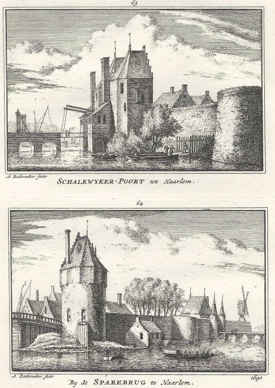 afbeelding van prent Schalkwyker-poort tot Haarlem; By de Sparebrug te Haarlem, 1640. van A. Rademaker (Haarlem)