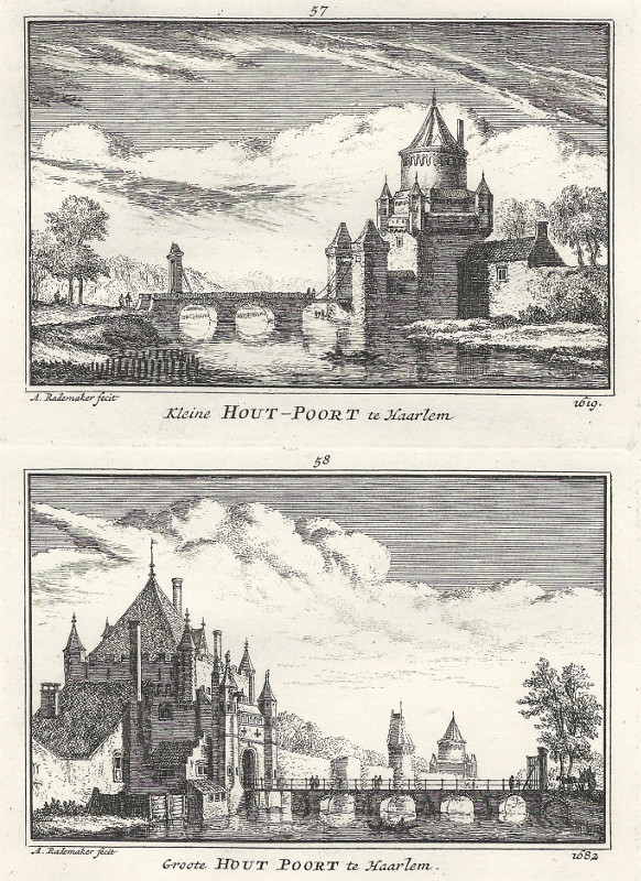 afbeelding van prent Kleine Hout-Poort te Haarlem 1619; Groote Hout Poort te Haarlem 1682 van A. Rademaker (Haarlem)