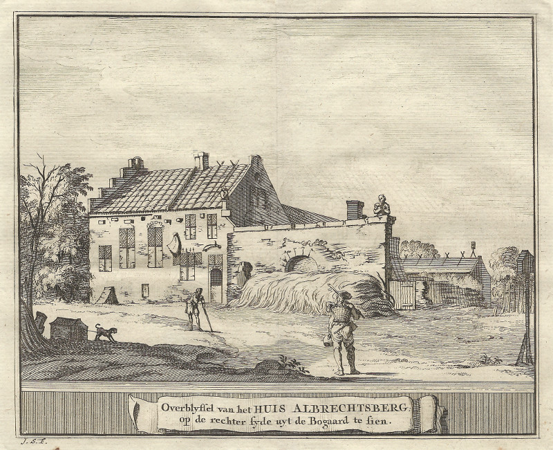 afbeelding van prent Overblijfsel van het Huis Albrechtsberg, op de rechter syde uyt de Bogaard te sien van J. Schijnvoet, naar R. Roghman (Bloemendaal)