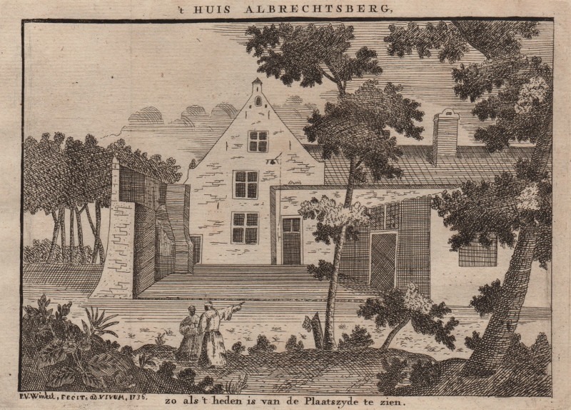 afbeelding van prent ´t Huis Albrechtsberg, zo als ´t heden is van de Plaatszyde te zien. van Pieter van Winkel (Bloemendaal)