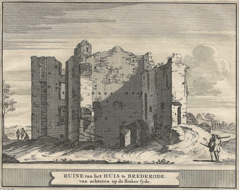 afbeelding van prent Ruine van het Huis te Brederode van achteren op de slinker syde  van J. Schijnvoet, naar R. Roghman (Santpoort-Zuid)