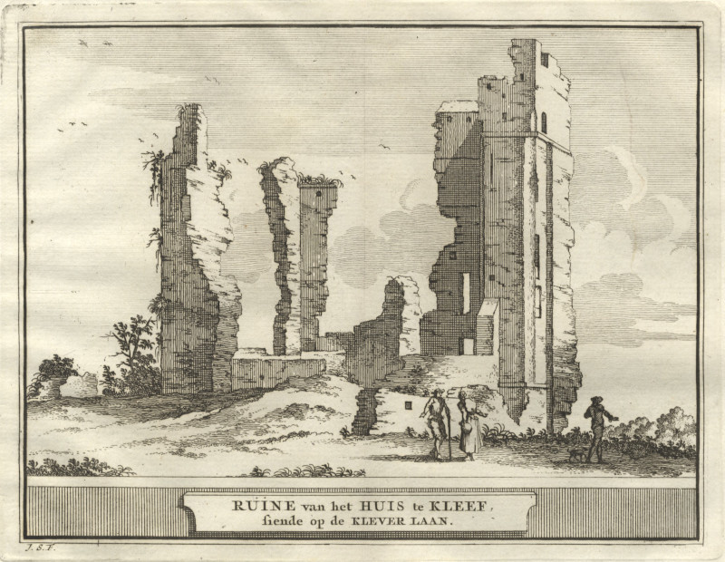 afbeelding van prent Ruine van het Huis te Kleef, siende op de Klever Laan van J. Schijnvoet, naar R. Roghman (Haarlem)