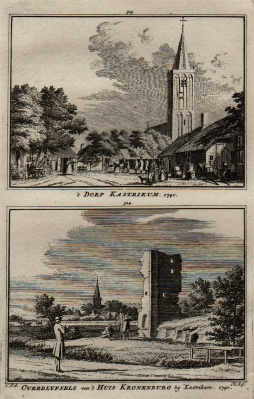 afbeelding van prent ´t Dorp Kastrikum; Overblyfsels van ´t Huis Kronenburg by Kastrikum. 1740. van H. Spilman, C. Pronk (Castricum)