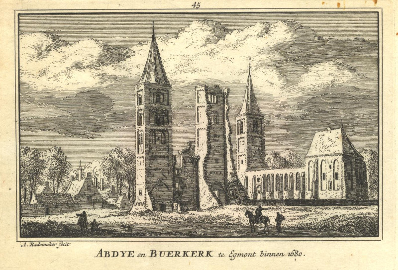 afbeelding van prent Abdye en Buerkerk te Egmont binnen 1680 van A. Rademaker (Egmond-Binnen)