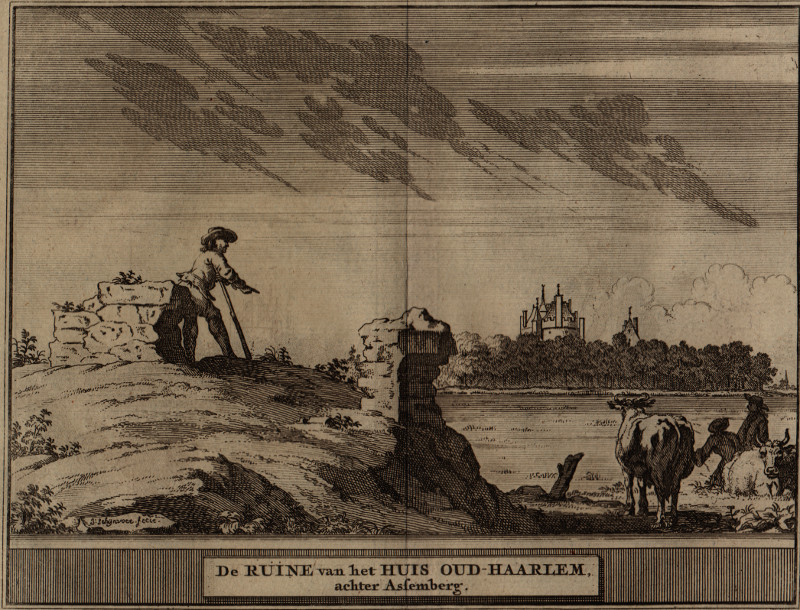 afbeelding van prent De ruine van het Huis Oud-Haarlem, achter Assemberg van J. Schijnvoet, naar R. Roghman (Haarlem)