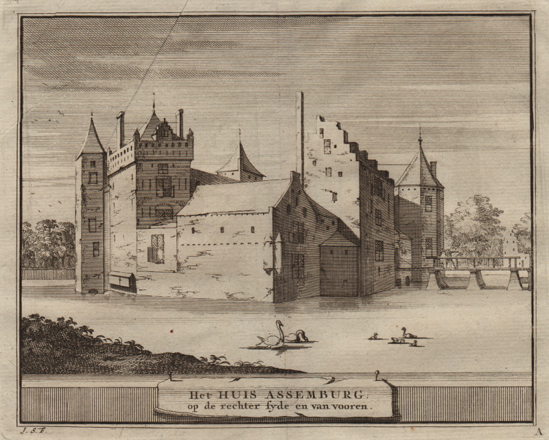 afbeelding van prent Het Huis Assemburg, op de rechter sijde en van vooren van J. Schijnvoet, naar R. Roghman (Heemskerk)