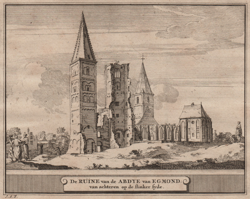 afbeelding van prent De Ruine van de Abdye van Egmond; van achteren op de slinker syde van J. Schijnvoet, naar R. Roghman (Egmond)