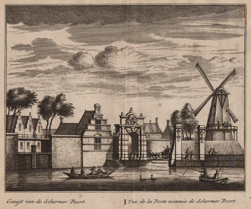 afbeelding van prent Gesigt van de Schermer Poort; Vue de la Porte nommee de Schermer Poort van L. Schenk, A. Rademaker (Alkmaar)