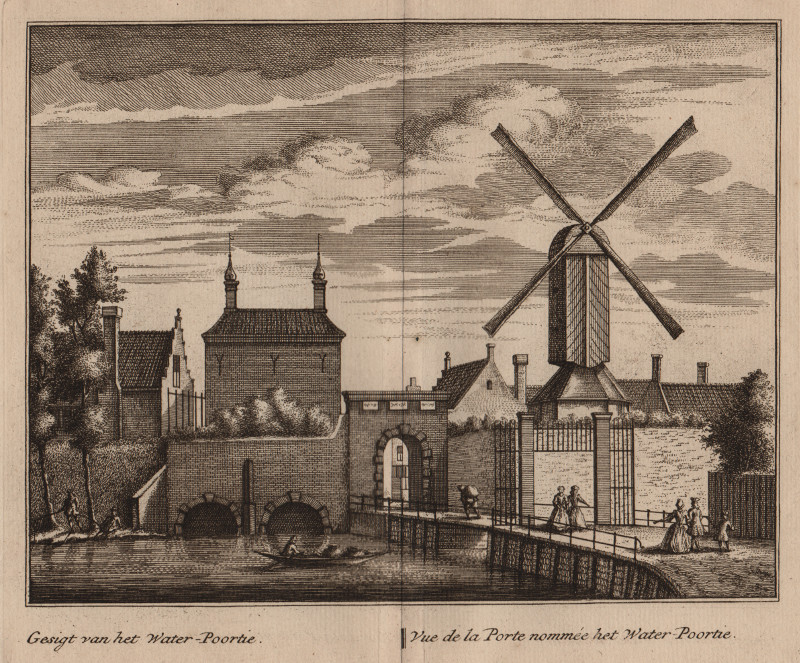afbeelding van prent Gesigt van het Water-Poortie; Vue de la Porte nommee het Water-Poortie van L. Schenk, A. Rademaker (Alkmaar)
