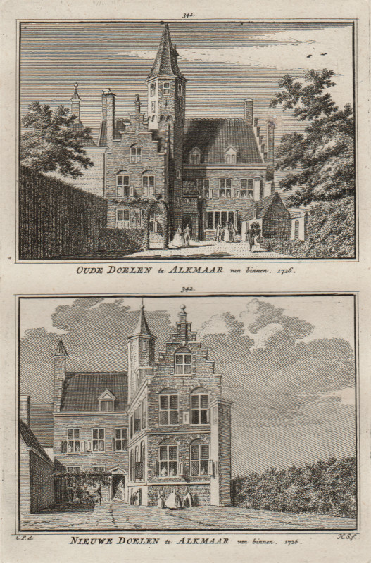 afbeelding van prent Oude Doelen te Alkmaar van binnen; Nieuwe Doelen te Alkmaar van binnen; 1726 van H. Spilman, C. Pronk (Alkmaar)