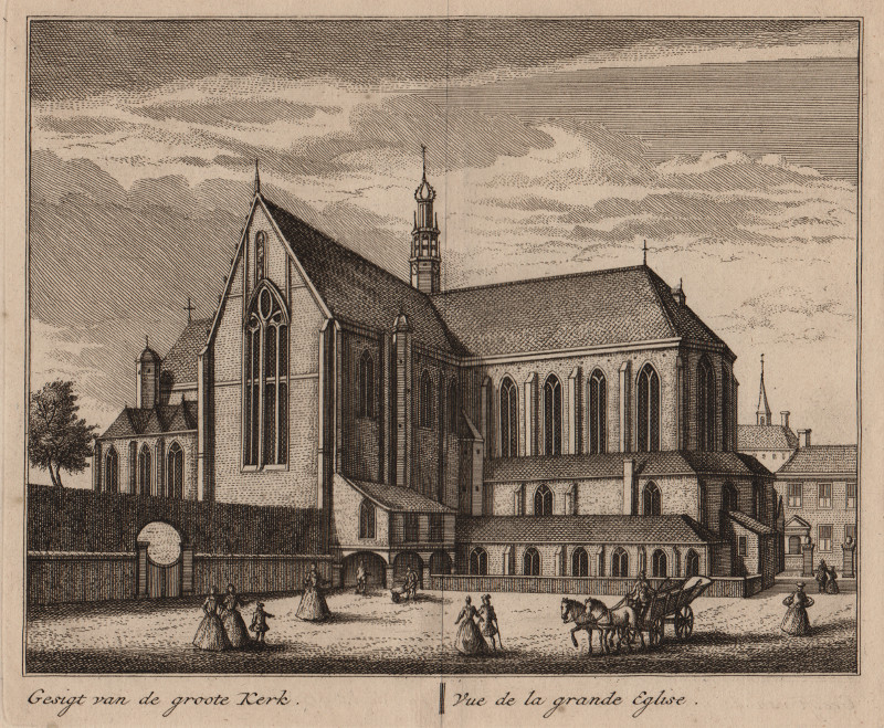 afbeelding van prent Gesigt van de groote Kerk; Vue de la grande Eglise van L. Schenk, A. Rademaker (Alkmaar)
