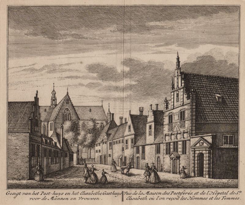 afbeelding van prent Gesigt van het Pest-huys en het Elisabethe Gasthuys voor de Mannen en Vrouwen van L. Schenk, A. Rademaker (Alkmaar)