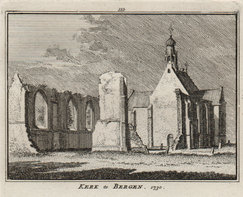 afbeelding van prent Kerk te Bergen, 1730 van H. Spilman (Bergen)
