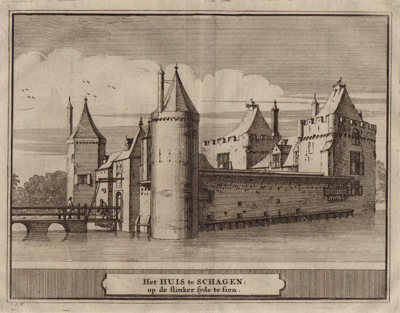 afbeelding van prent Het Huis te Schagen, op de slinker syde te sien van J. Schijnvoet, naar R. Roghman (Schagen)