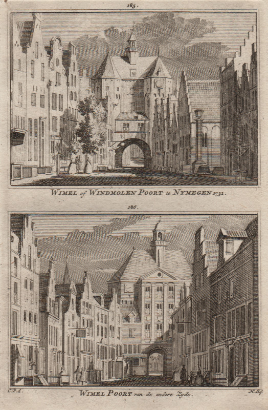 afbeelding van prent Wimel of Windmolen Poort te Nymegen 1732; Wimel Poort van de andere Zyde van H. Spilman, C. Pronk (Nijmegen)