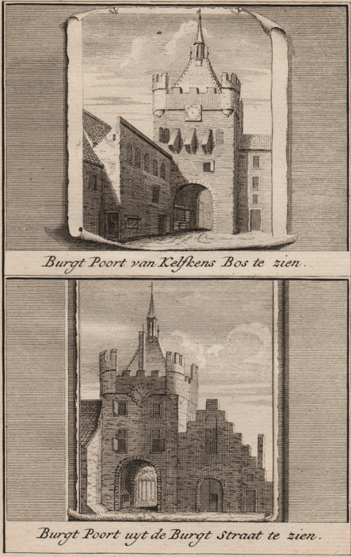afbeelding van prent Burgt Poort van Kelfkens Bos te zien; Burgt Poort uyt de Burgt Straat te zien van J. Ruyter, C. Pronk (Nijmegen)