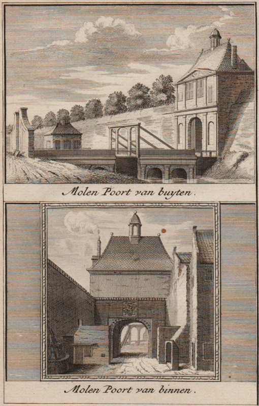 afbeelding van prent Molen Poort van buyten; Molen Poort van binnen van J. Ruyter, C. Pronk (Nijmegen)