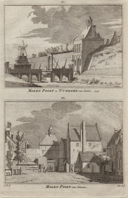 afbeelding van prent Molen Poort te Nymegen van buiten; Molen Poort van binnen 1732 van H. Spilman, C. Pronk (Nijmegen)