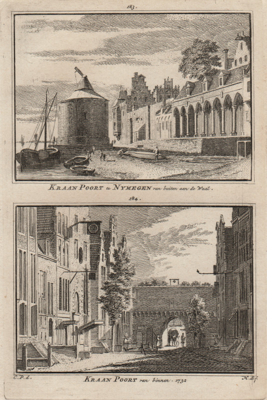 afbeelding van prent Kraan Poort te Nymegen van buiten aan de Waal; Kraan Poort van binnen 1732 van H. Spilman, C. Pronk (Nijmegen)