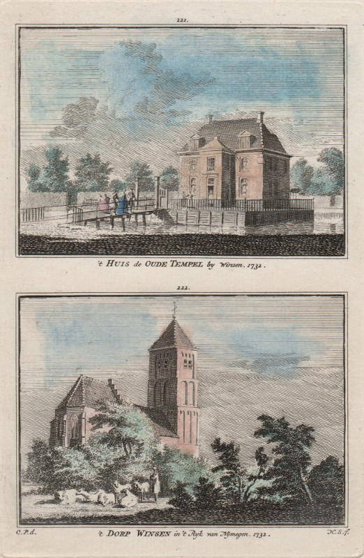 afbeelding van prent ´T Huis de oude Tempel, by Winsen; ´t Dorp Winsen in ´t Ryk can Nymegen, 1732 van H. Spilman, C. Pronk (Winssen)