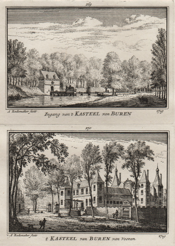 afbeelding van prent Ingang van ´t Kasteel van Buren; ´t Kasteel van Buren van vooren 1719 van A. Rademaker (Buren)