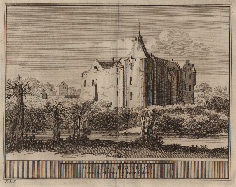 afbeelding van prent Het Huis te Heukelom, van achteren op twee syden van J. Schijnvoet, naar R. Roghman (Heukelum)