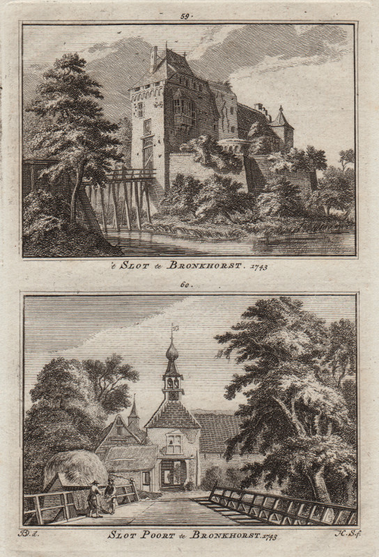 afbeelding van prent ´t Slot te Bronkhorst, Slot Poort te Bronkhorst,  1743 van H. Spilman, J. de Beijer (Bronckhorst)