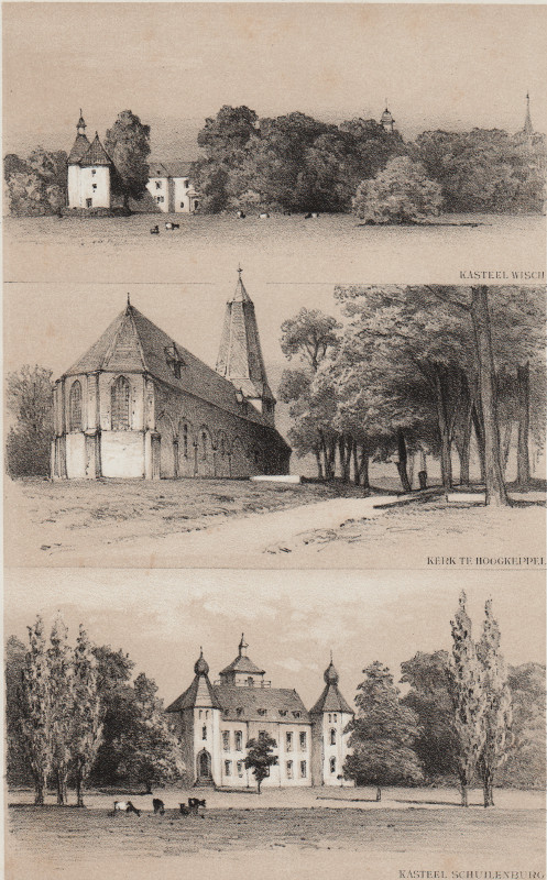 afbeelding van prent Kasteel Wisch, Kerk te HoogKeppel,  Kasteel Schuilenburg van P. A. Schipperus, S. Lankhout (Terborg, Keppel, Silvolde)