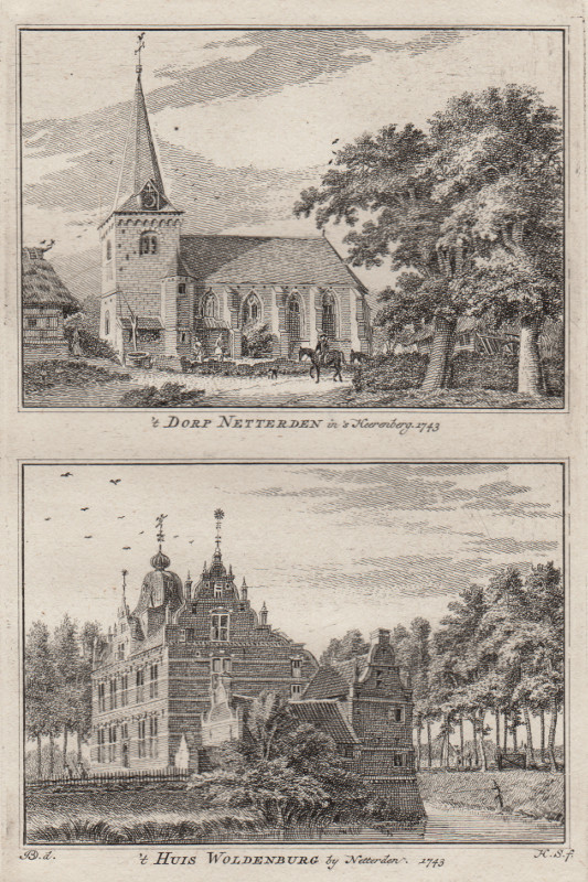 afbeelding van prent ´t Dorp Netterden in ´s Heerenberg; ´t Huis Wildenburg by Netterden 1743 van H. Spilman, J. de Beijer (Netterden)