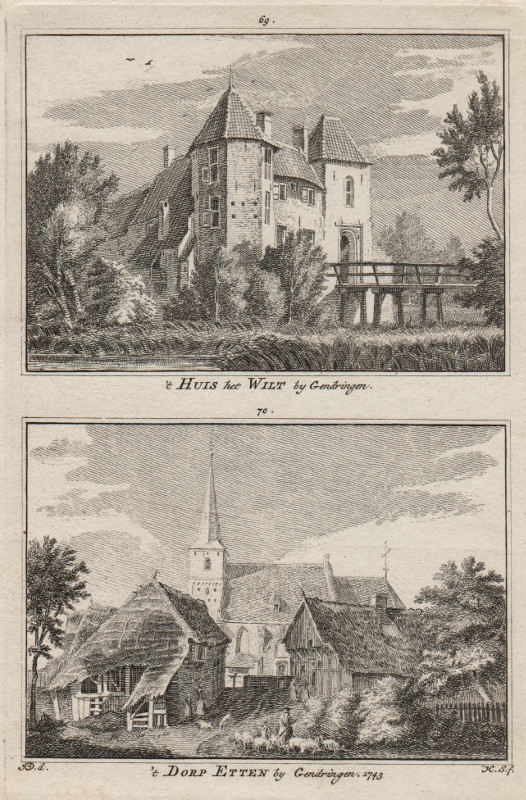 afbeelding van prent ´t Huis het Wilt by Gendringen; ´t Dorp Etten by Gendringen 1743 van H. Spilman, J. de Beijer (Gendringen, Etten)
