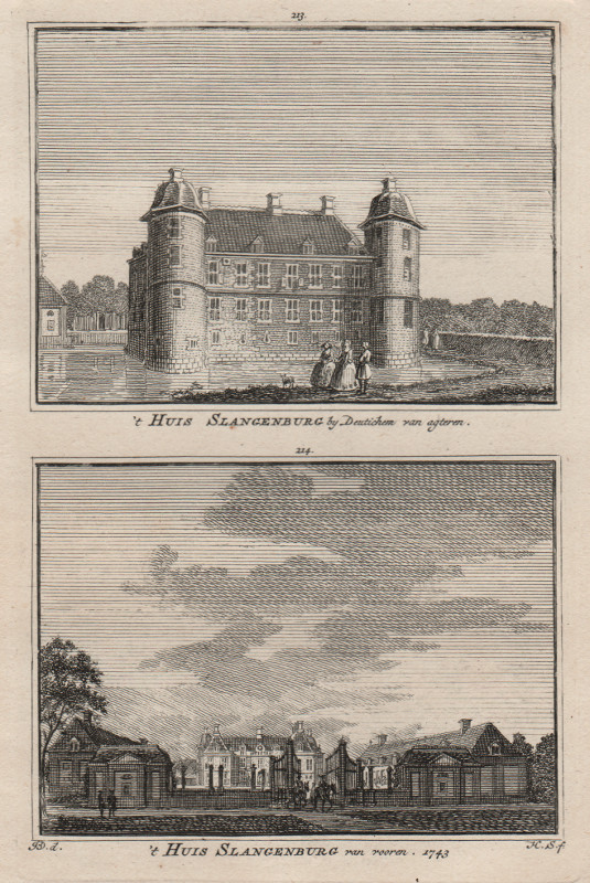 afbeelding van prent ´t Huis Slangenburg by Deutichem van agteren, ´t Huis Slangenburg van vooren, 1743 van H. Spilman, J. de Beijer (Doetinchem)