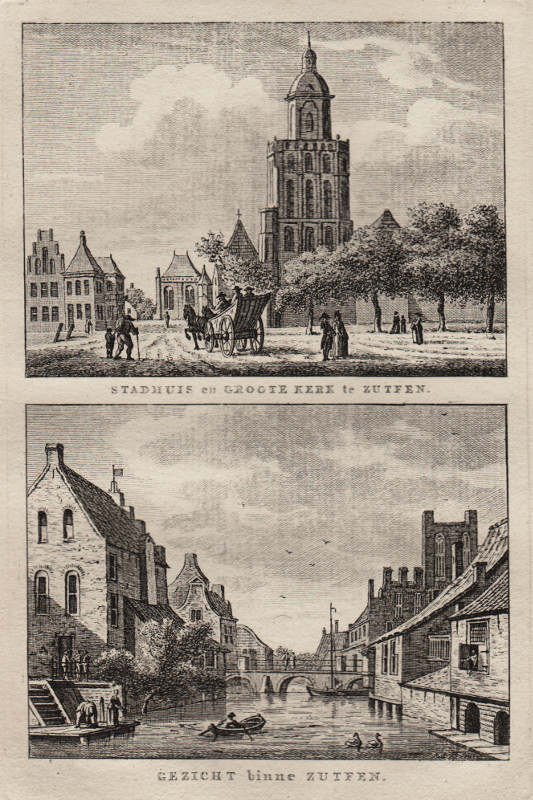 afbeelding van prent Stadhuis en Groote Kerk te Zutfen; Gezicht binne Zutfen van C.F. Bendorp, J. Bulthuis (Zutphen)