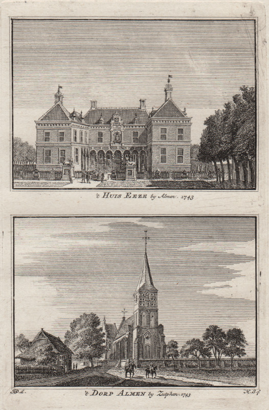 afbeelding van prent ´t Huis Eeze by Almen; ´t Dorp Almen by Zutphen 1743 van H. Spilman, J. de Beijer (Almen)