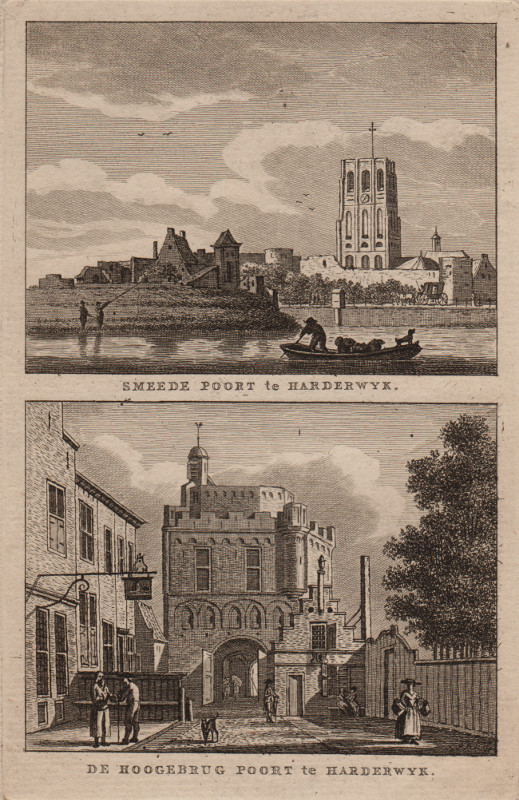 afbeelding van prent Smeede Poort te Harderwyk; De Hoogebrug Poort te Harderwyk van C.F. Bendorp, J. Bulthuis (Harderwijk)