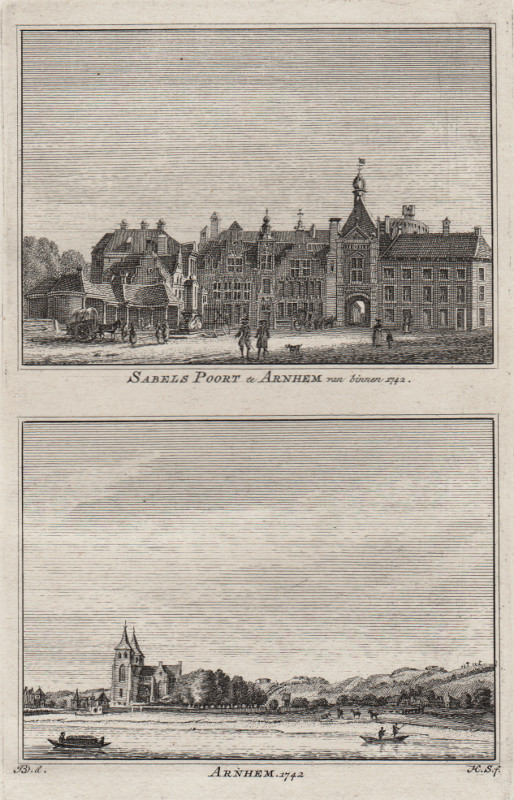 afbeelding van prent Sabels Poort te Arnhem van binnen; Arnhem 1742 van H. Spilman, J. de Beijer (Arnhem)