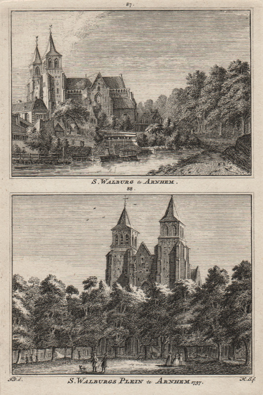 afbeelding van prent S. Walburg te Arnhem;  S. Walburgs Plein te Arnhem 1737 van H. Spilman, J. de Beijer (Arnhem)