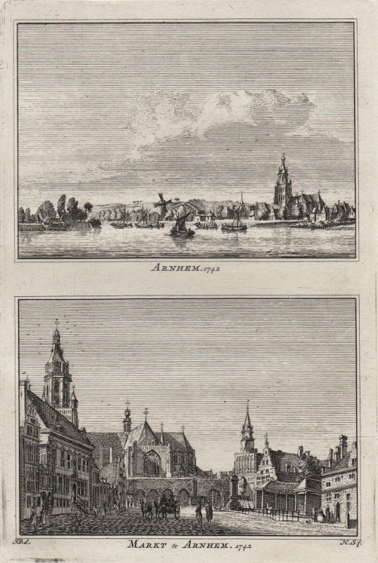 afbeelding van prent Arnhem 1742; Markt te Arnhem 1742. van H. Spilman, J. de Beijer (Arnhem)