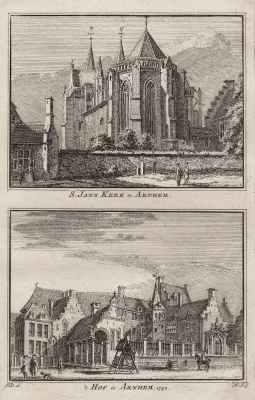 afbeelding van prent S. Jans Kerk te Arnhem; ´t Hof te Arnhem 1742 van H. Spilman, J. de Beijer (Arnhem)