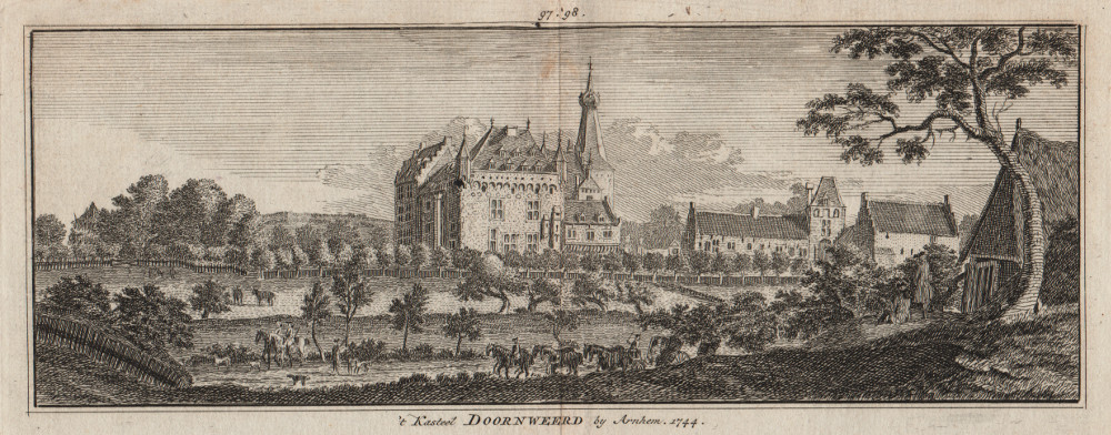 afbeelding van prent ´t Kasteel Doornweerd by Arnhem 1744 van H. Spilman, J. de Beijer (Doorwerth)