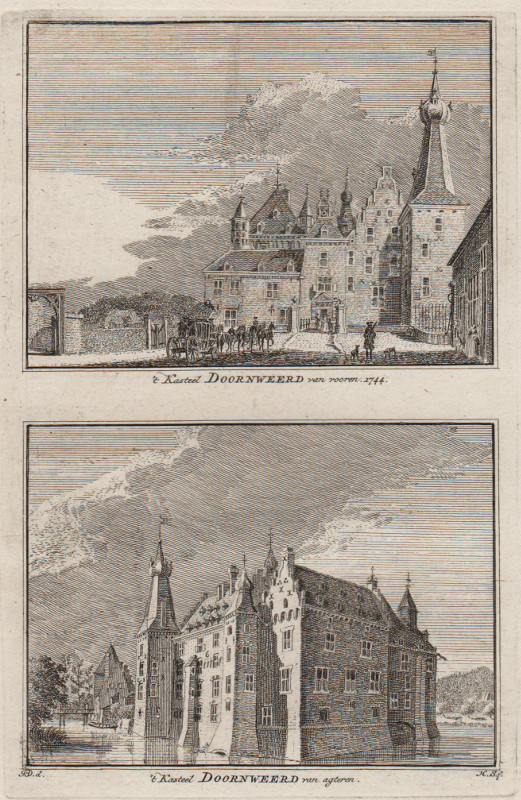 afbeelding van prent ´t Kasteel Doornweerd van vooren. 1744; ´t Kasteel Doornweerd van agteren van H. Spilman, J. de Beijer (Doorwerth)