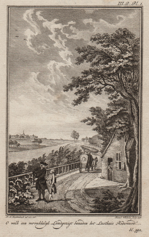 afbeelding van prent O welk een verrukkelyk Landgezigt beneden het Lusthuis Rederoord van Reint Vinkeles, J.A. Kaldenbach (De Steeg)