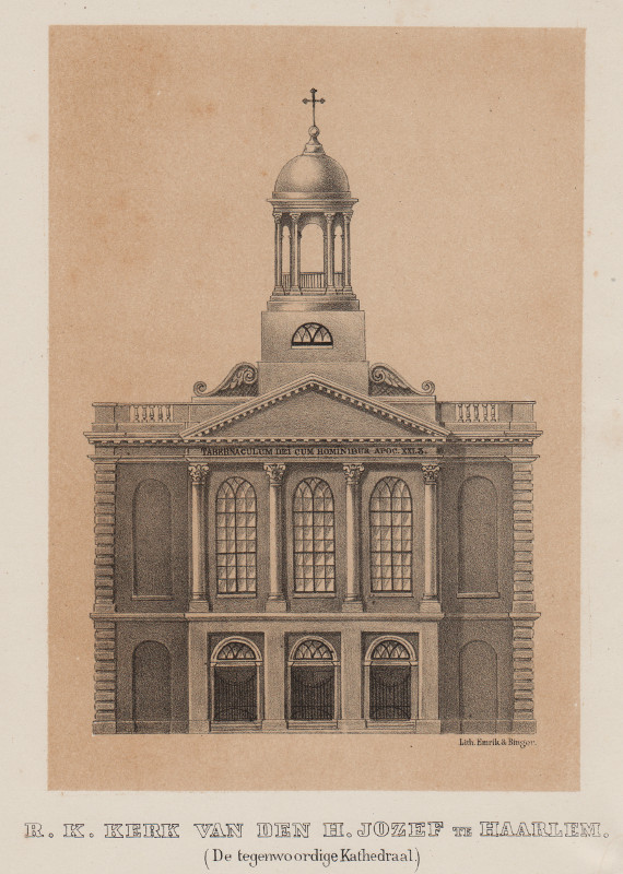 afbeelding van prent R.K. Kerk van den H. Jozef te haarlem (De tegenwoordige Kathedraal.) van Emrik en Binger (Haarlem)