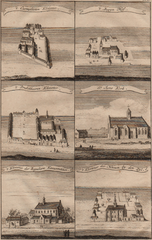 afbeelding van prent ´t Carmelieten Klooster; ´t Begyn Hof; ´t Predikheeren Klooster; St. Jans Kerk... van H. Spilman (Haarlem)