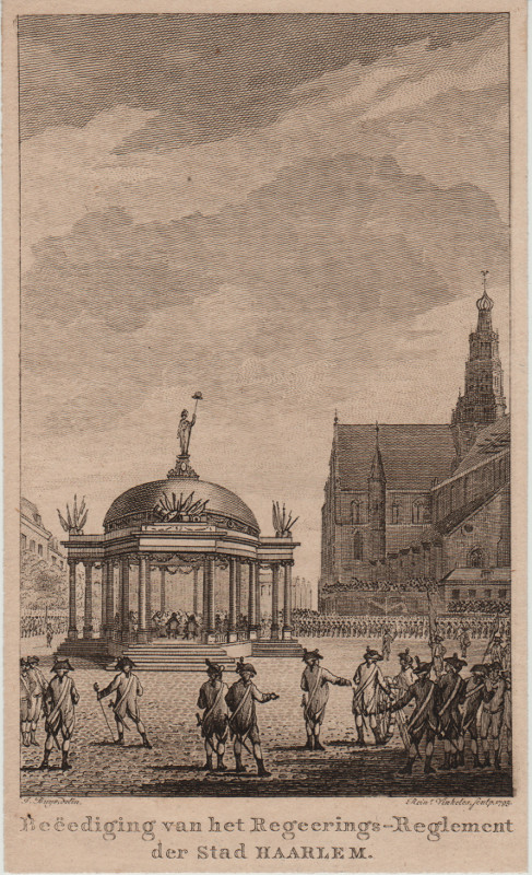 afbeelding van prent Beeediging van het Regeerings - Reglement der Stad Haarlem van J. Buys, R. Vinkeles (Haarlem)