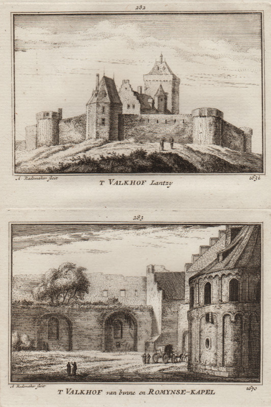 afbeelding van prent ´t Valkhof Lantzy 1631; ´t Valkhof van binne en Romynse-kapel 1670 van A. Rademaker (Nijmegen)