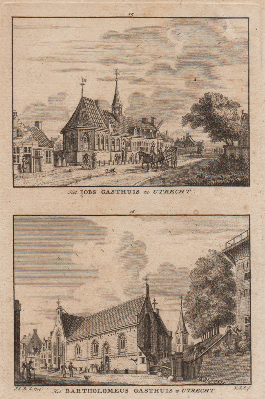 afbeelding van prent Het Jobs Gasthuis te Utrecht; Het Bartholomeus Gasthuis te Utrecht van J. van der Spijk, J. de Beijer (Utrecht)